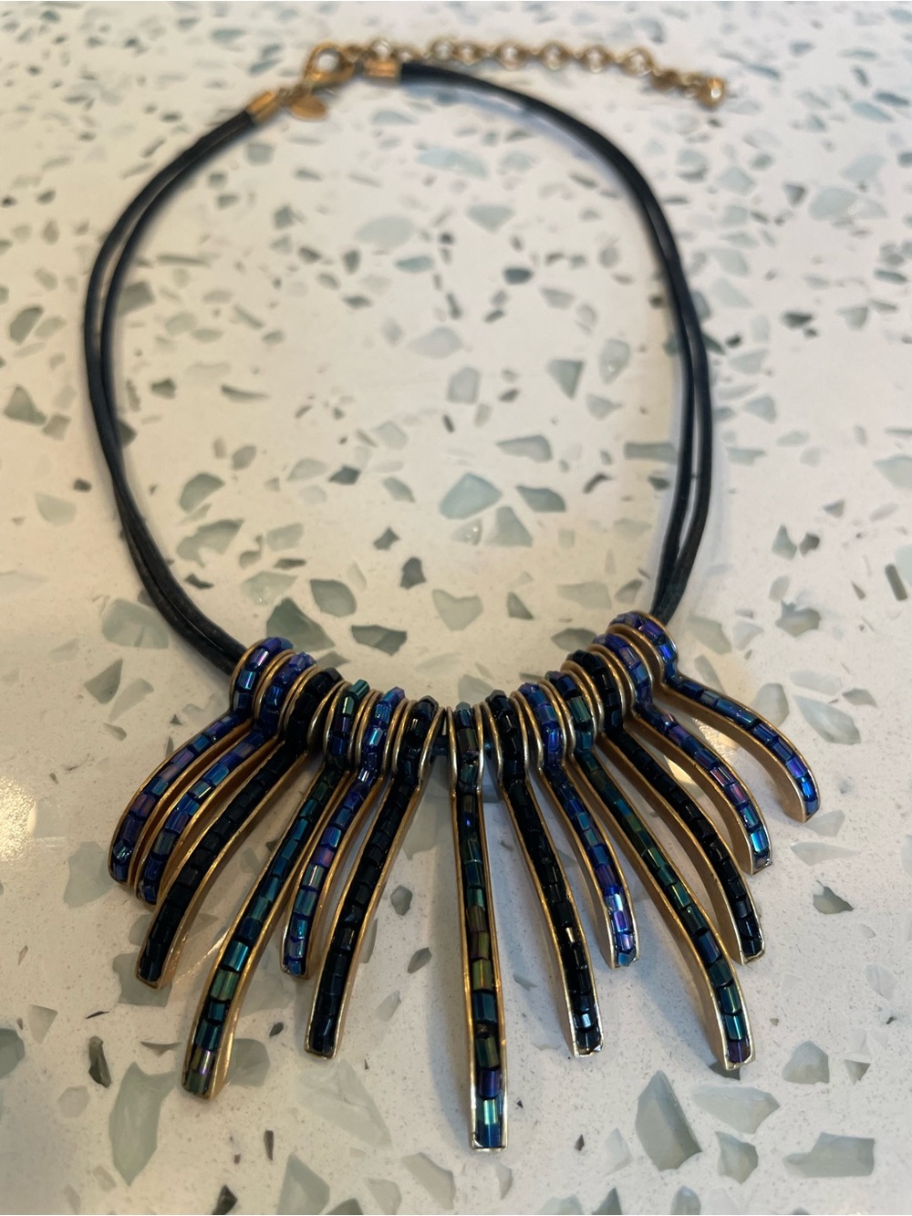 Iridescent Blue Beaded Fringe Metal Glass Beads and Leather Necklace
